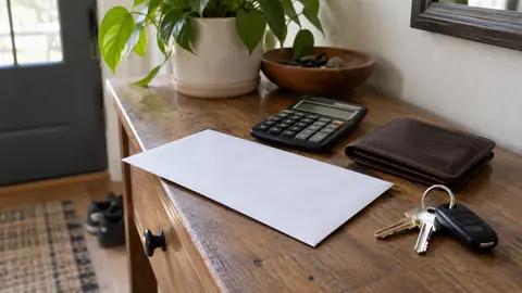 An envelope, calculator, wallet and keys on a console table at home.