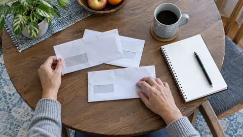 Envelopes and a notebook arranged on a table to organize bills.