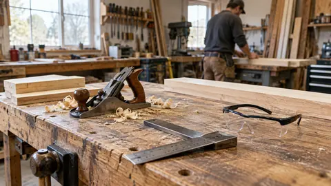 Woodworking tools and a workbench in an adult training workshop.