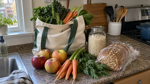 Groceries on the counter in an everyday home kitchen.