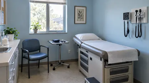 An empty exam room in a small community clinic.