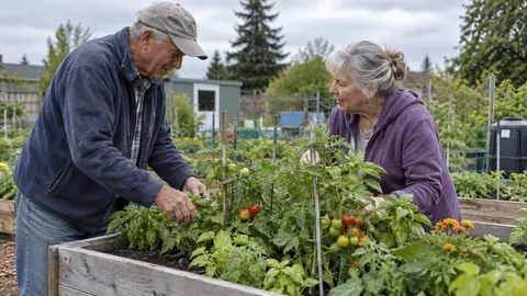 Two older adults tending plants in a community garden.