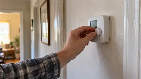 A hand adjusts a thermostat on a home wall.