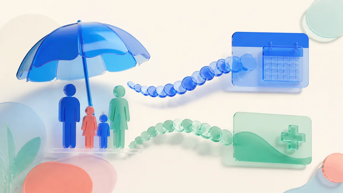 Glass-like paths under a health umbrella lead toward a monthly plan bill and costs for care.