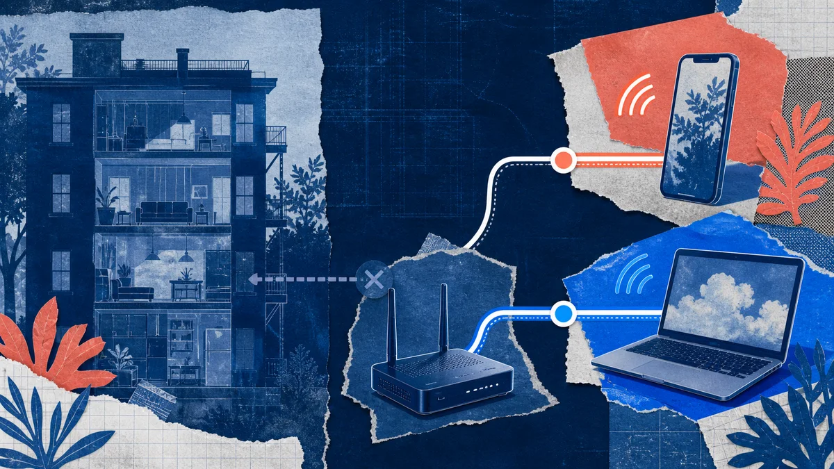 A blueprint collage shows a faded internet path splitting into working phone and home internet routes.