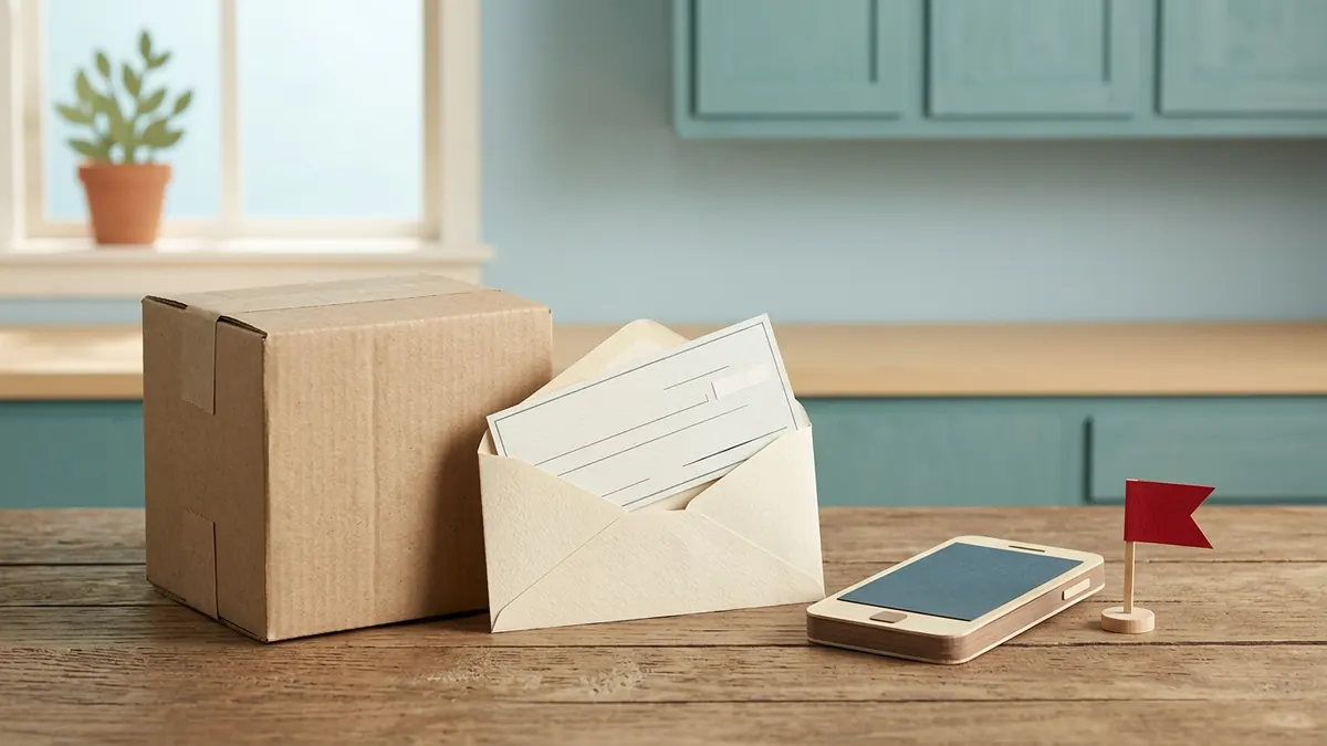 Paper-cut shipping box, an envelope with a check, and a phone next to a small red warning flag on a kitchen table.