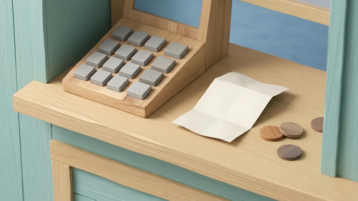 An ATM keypad, a folded paper receipt, and a few coins on a small counter in soft light.