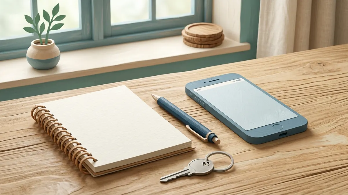 A phone, a blank spiral notepad, a pen and a house key on a wooden kitchen table.