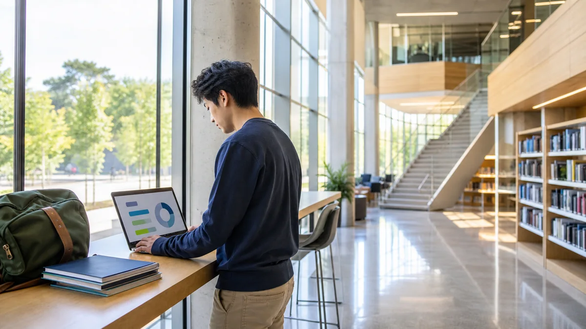 A college student checks an aid progress screen on a laptop in a bright campus library.