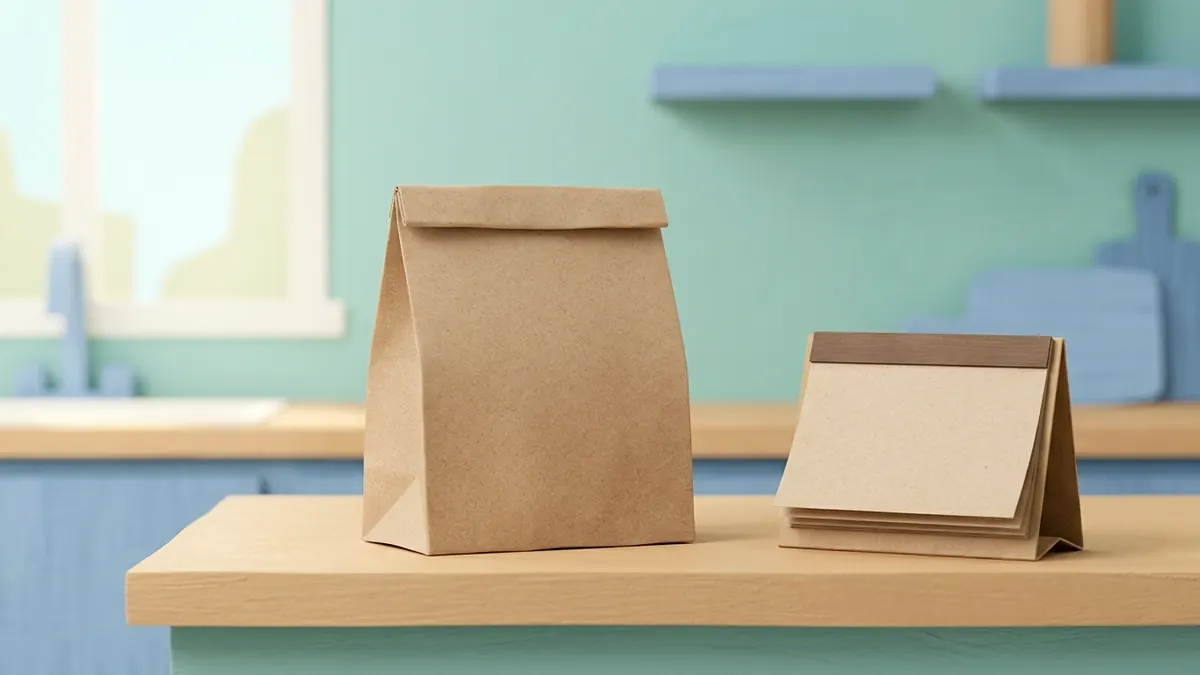 A paper takeout bag and a closed paper calendar on a kitchen counter in soft daylight.