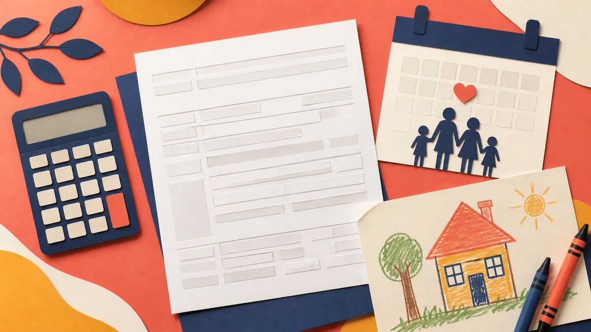 A paper-cut tax form, calculator, family calendar, and child's drawing share a bright work surface.