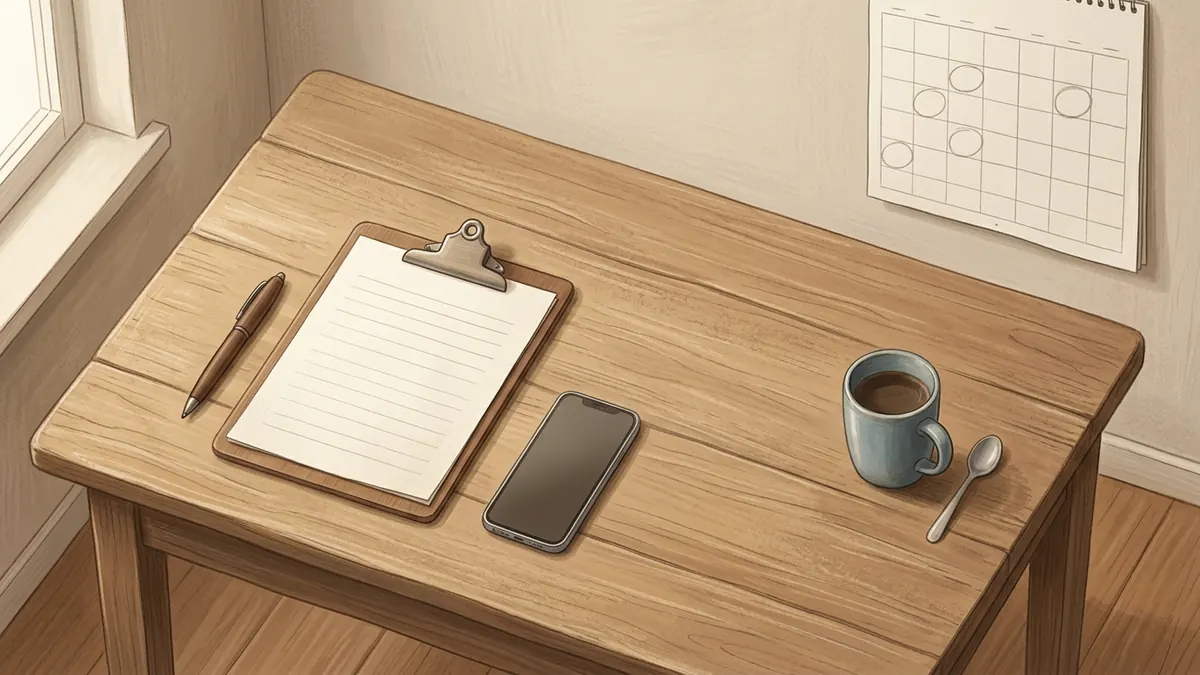 A kitchen table with a pen, a blank claim form on a clipboard, a phone, and a wall calendar with a few days circled.
