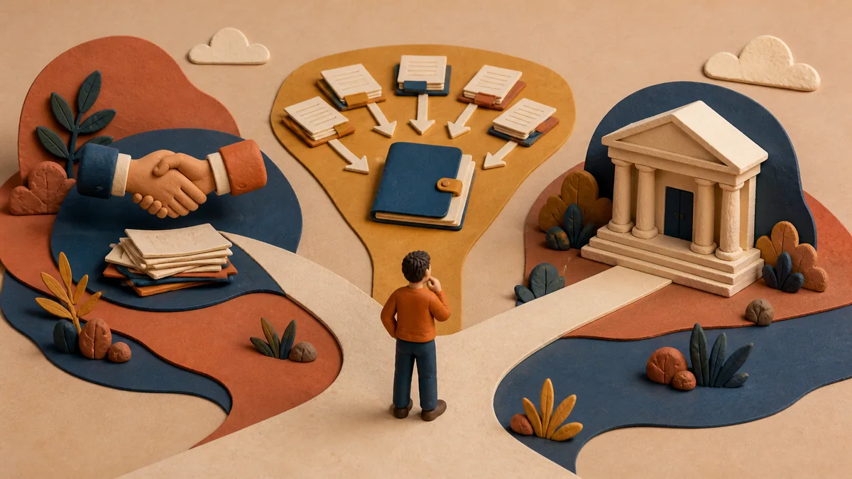 A clay figure compares three paths represented by a settlement handshake, merged bills, and a courthouse.