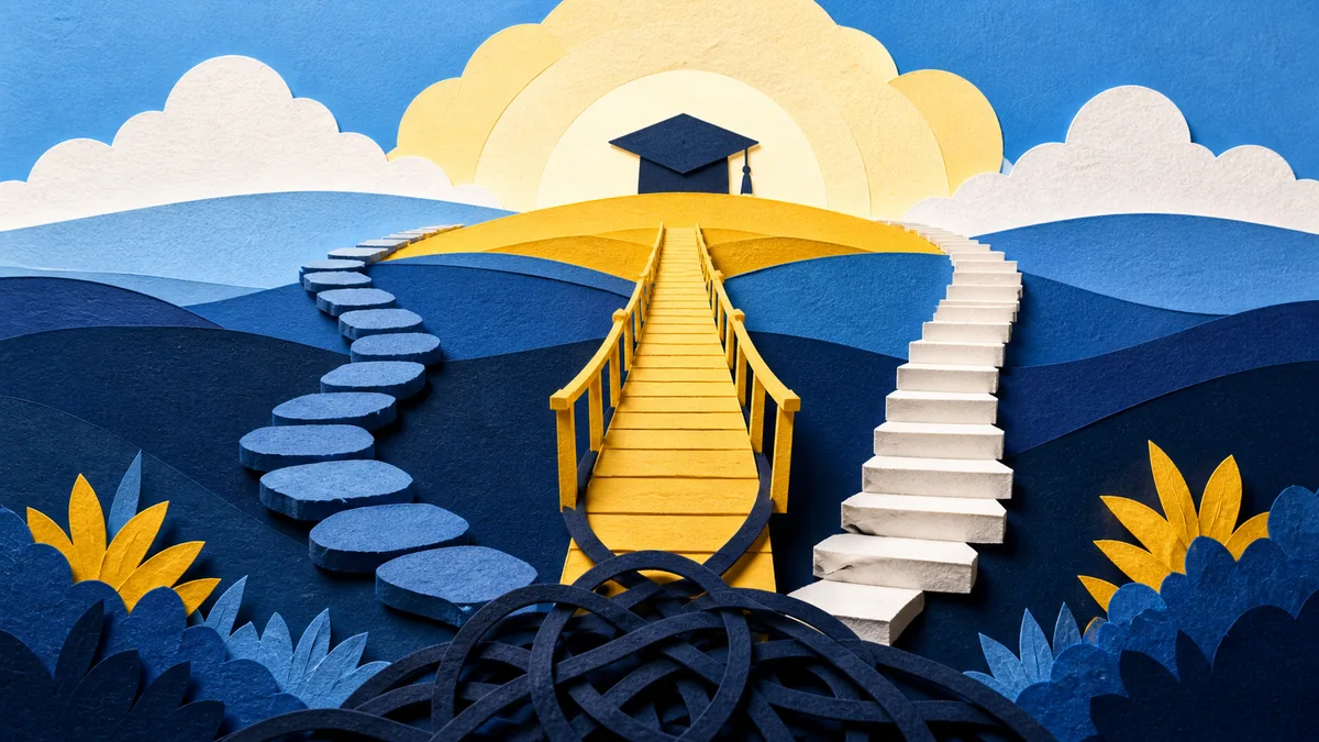 Three paper paths lead away from a tangled cord toward a graduation cap on a bright horizon.