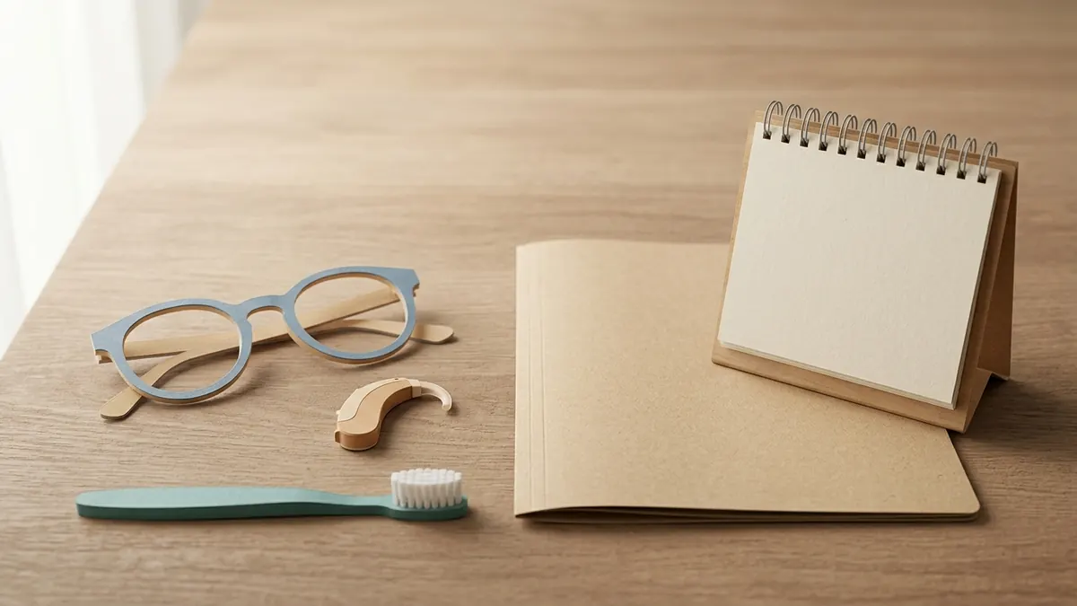 Paper-cut eyeglasses, a hearing aid, and a toothbrush rest on a wooden table next to a blank folder and a calendar.