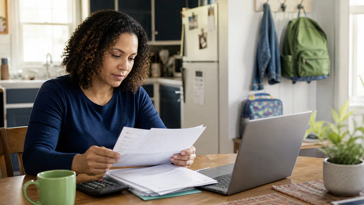 A working parent reviews tax papers beside a laptop at the kitchen table.