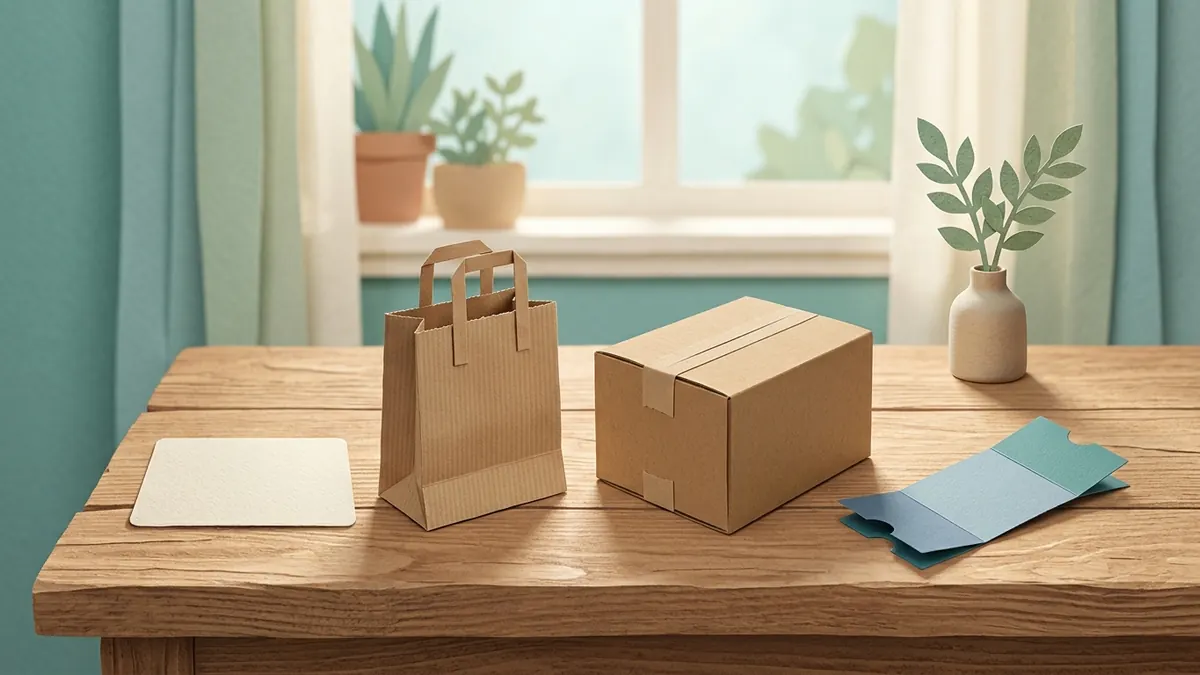A plain benefit card, grocery bag, delivery box, and museum ticket laid out on a kitchen table.
