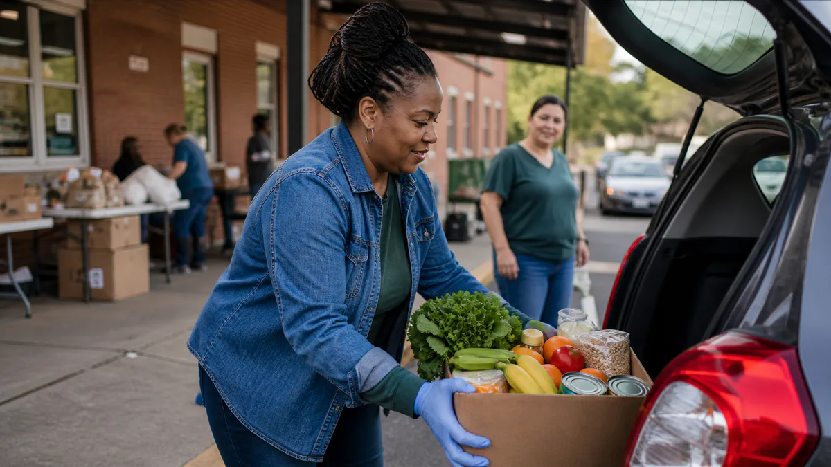 A volunteer loads a box of groceries and fresh produce into a car at a community food pickup.