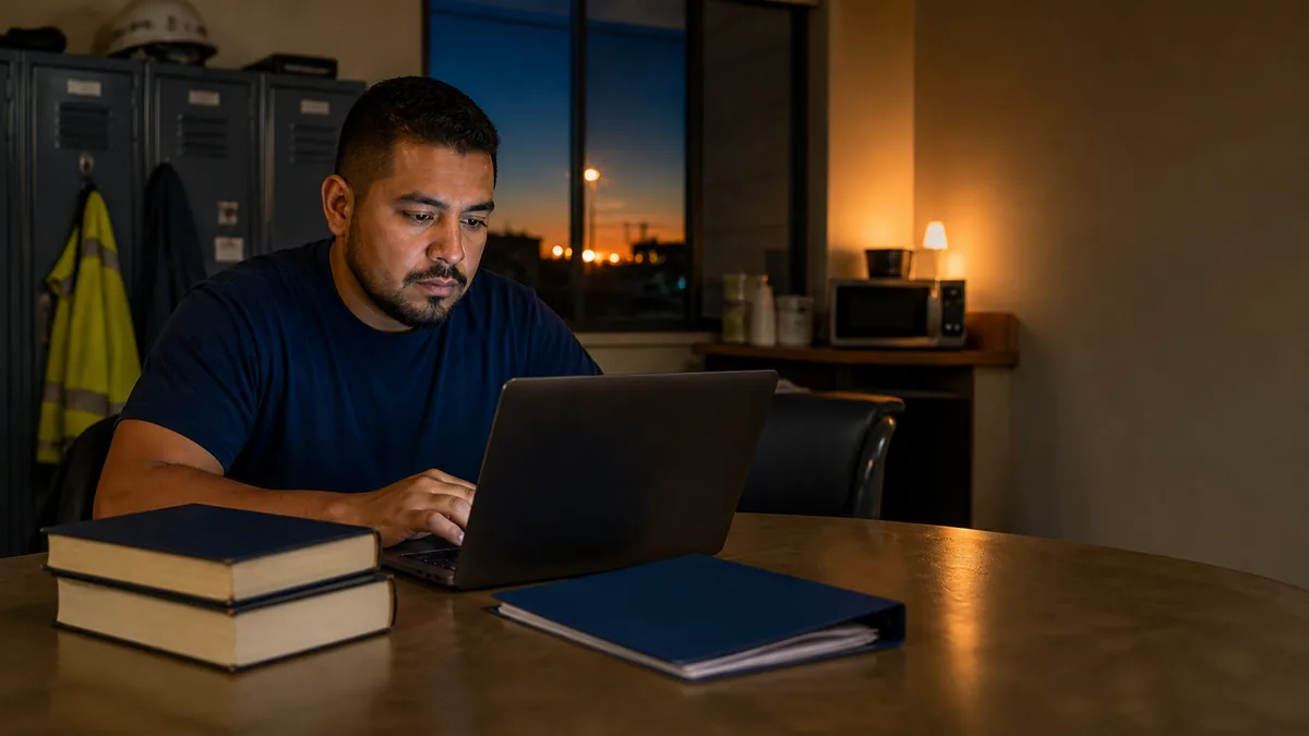A worker studies on a laptop in a quiet break room after his shift.
