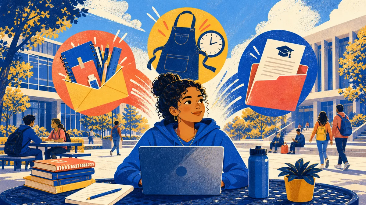 A student completes an aid form while grant supplies, a campus work shift, and a separate loan file appear around her.