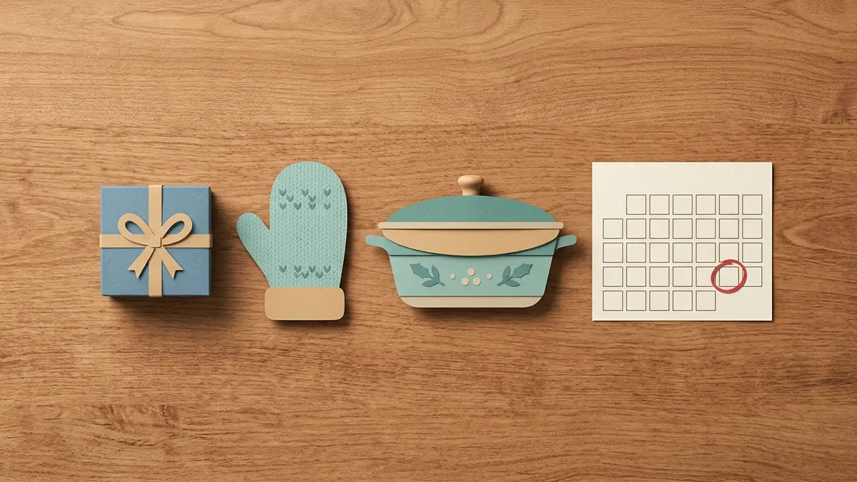 Paper-cut gift box, mitten, covered dish, and a blank calendar with one day circled on a wooden table.