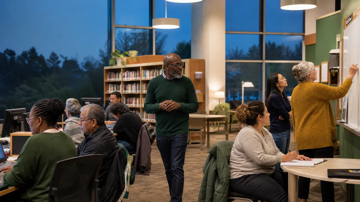 Adult learners practice computer, reading, and math skills in an evening library class.