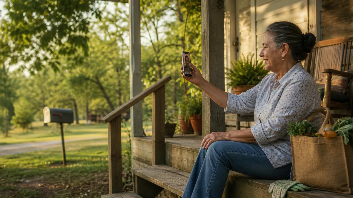 An older adult makes a video call from the front porch of a rural home.