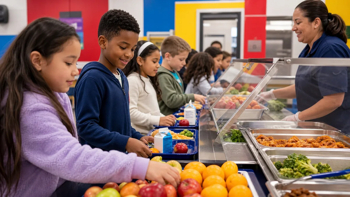 Students choose fruit, milk, and a hot meal in a bright school cafeteria line.