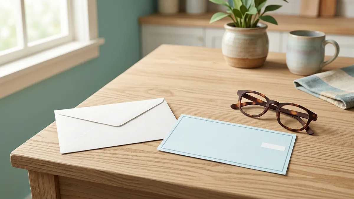 A plain white envelope and a blank paper check resting on a kitchen table next to a pair of reading glasses.