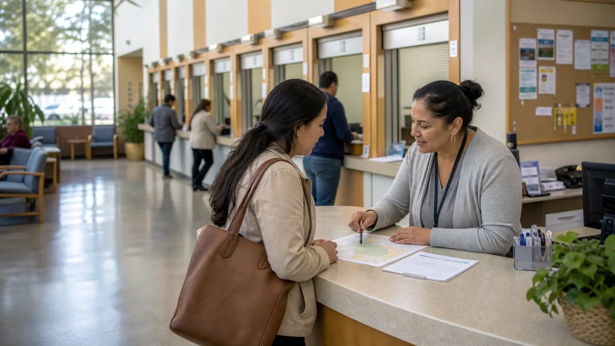 An adult asks a county social-services worker about a blank local map and aid checklist.