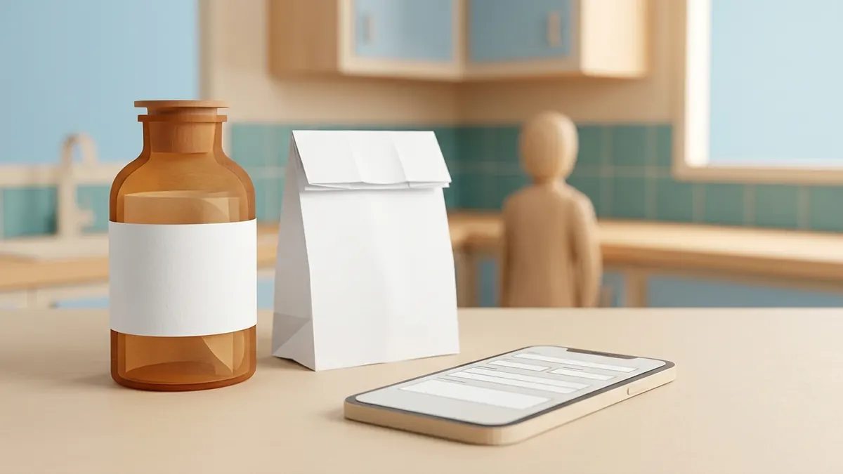 An empty amber pill bottle, a folded pharmacy receipt bag, and a phone showing a blank form on a kitchen counter.