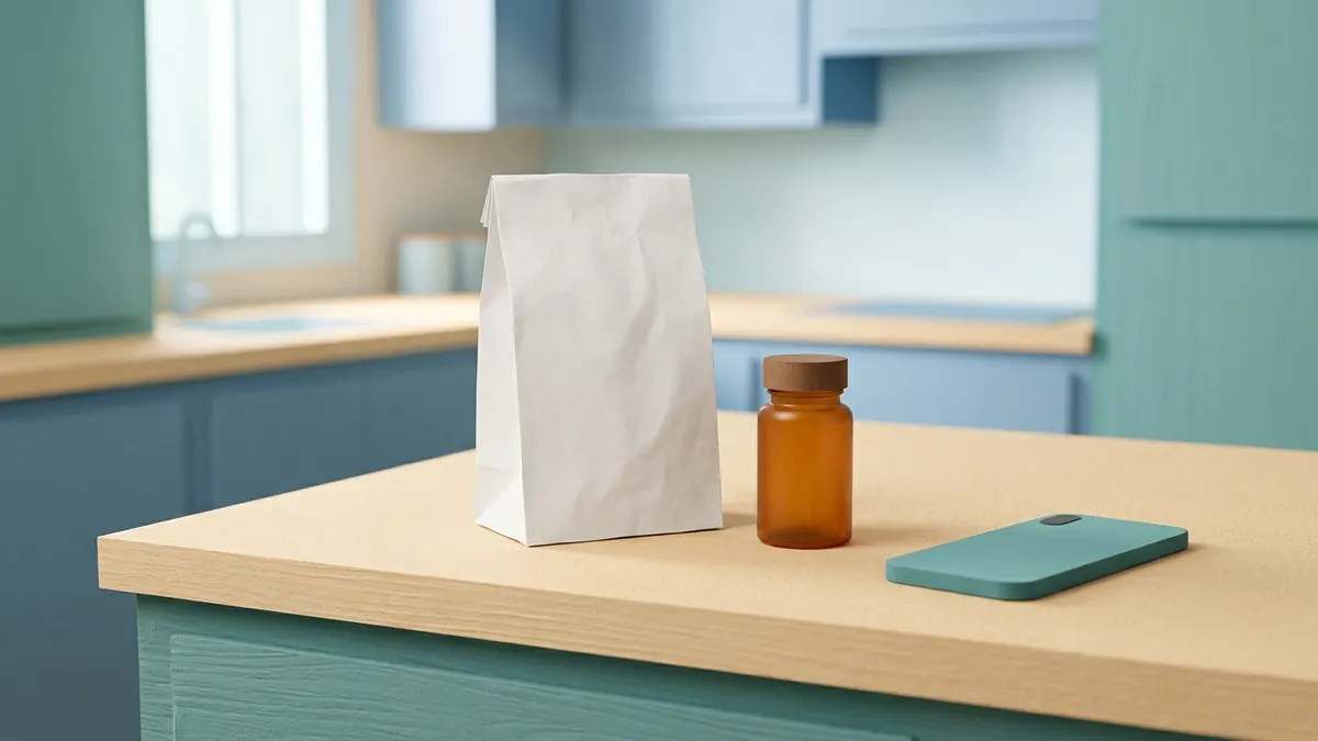 A plain white pharmacy bag and an unlabeled pill bottle on a kitchen counter next to a phone lying face down.