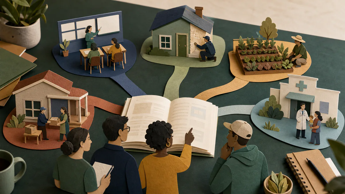 A paper-cut public resource guide connects people with education, home repair, food, farming, and health programs.
