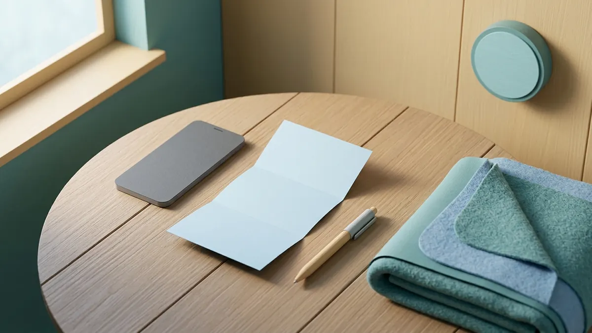 A phone, a folded paper bill, a pen, and a wool blanket on a kitchen table next to a wall thermostat.