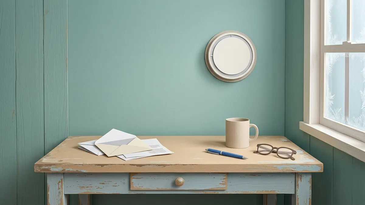 A wall thermostat above a kitchen table with a mug, a pen, and a stack of opened mail.