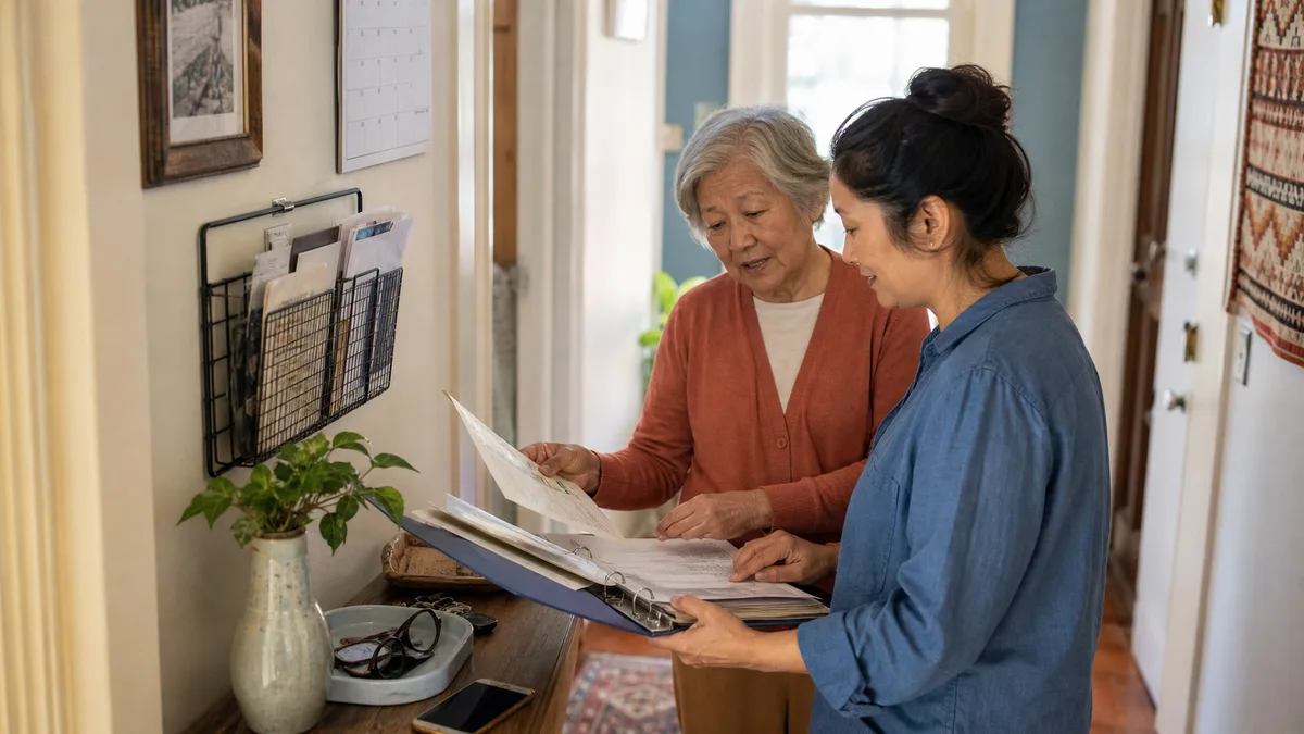 An older parent and adult child sort benefit letters into a home organizer.
