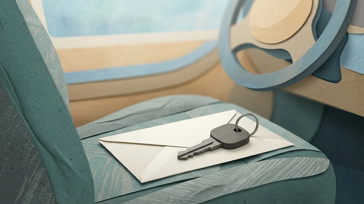 A car key resting on a folded paper car registration envelope on a car seat, with a steering wheel softly blurred in the background.