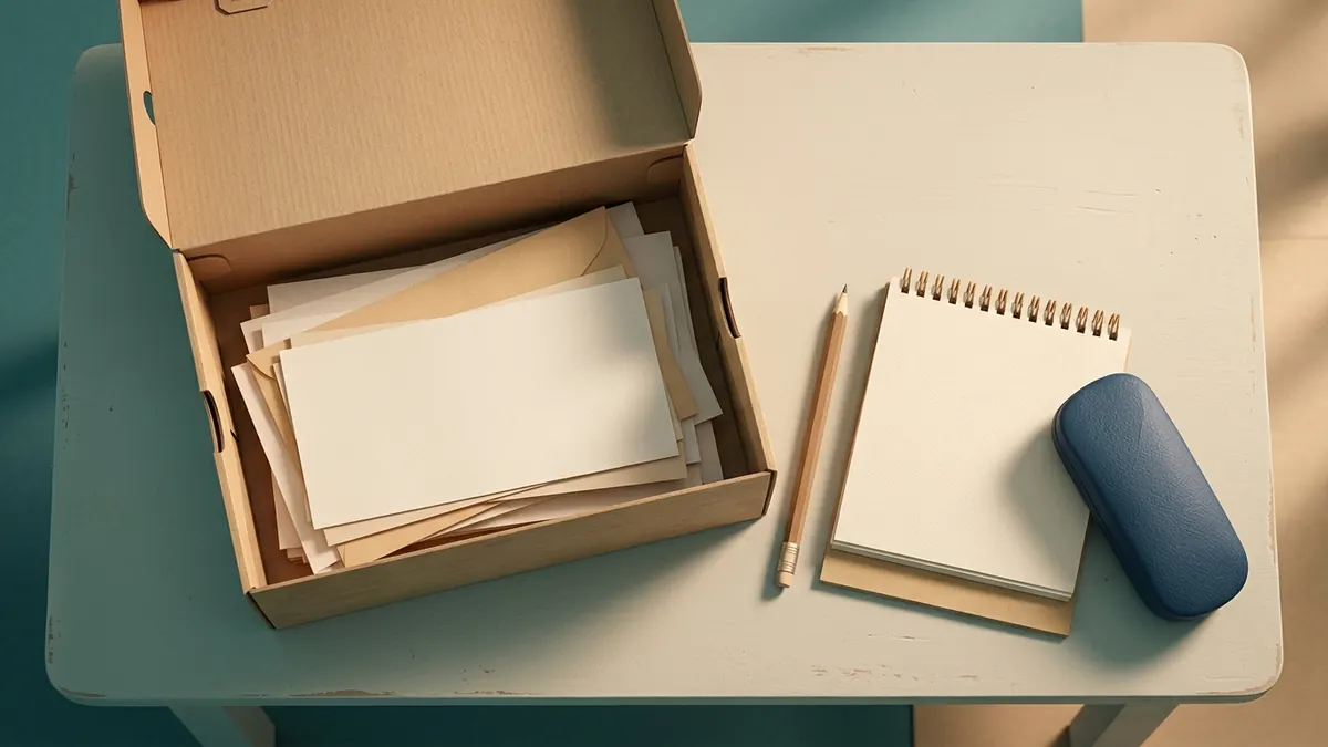 A shoebox of old pay stubs and mail envelopes sits open beside a pencil and a desk calendar on a kitchen table.