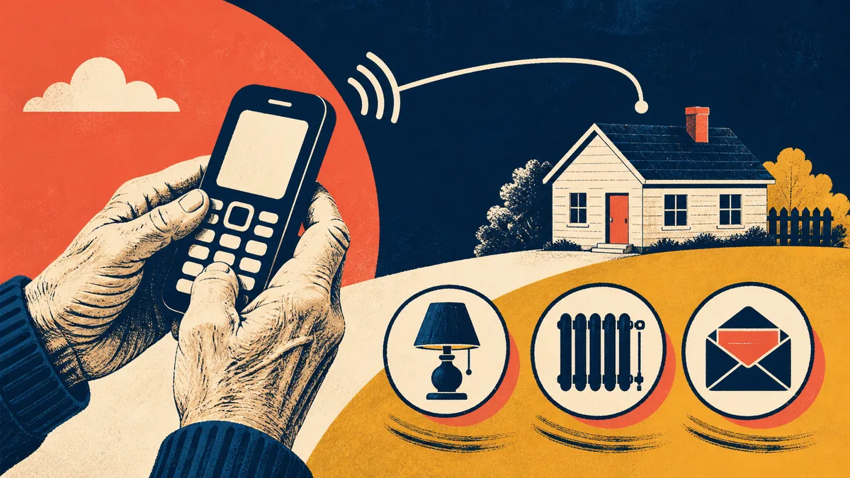 A screen-print image shows older hands with a phone linked to a home and utility symbols.