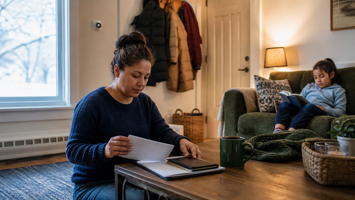 A parent gathers utility records at home on a cold winter day.