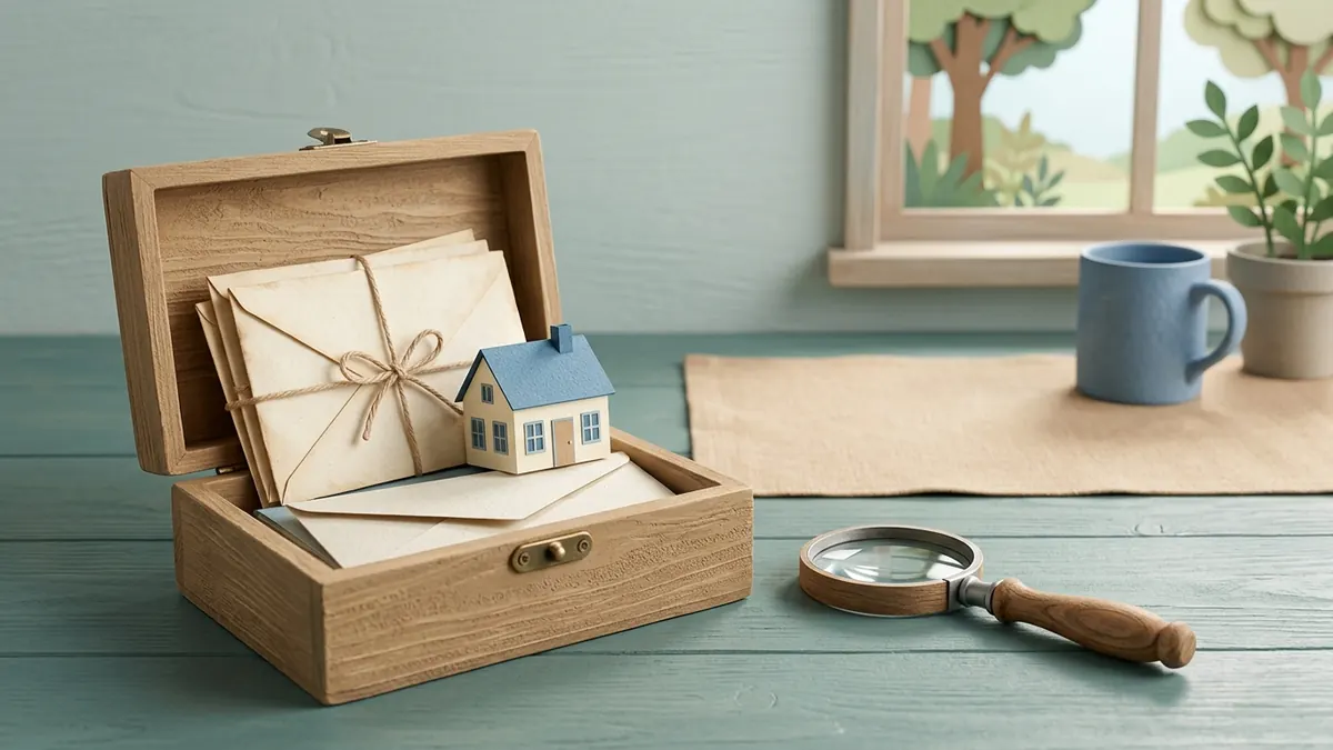 Paper-cut keepsake box with old envelopes, a small paper house, and a magnifying glass on a table.