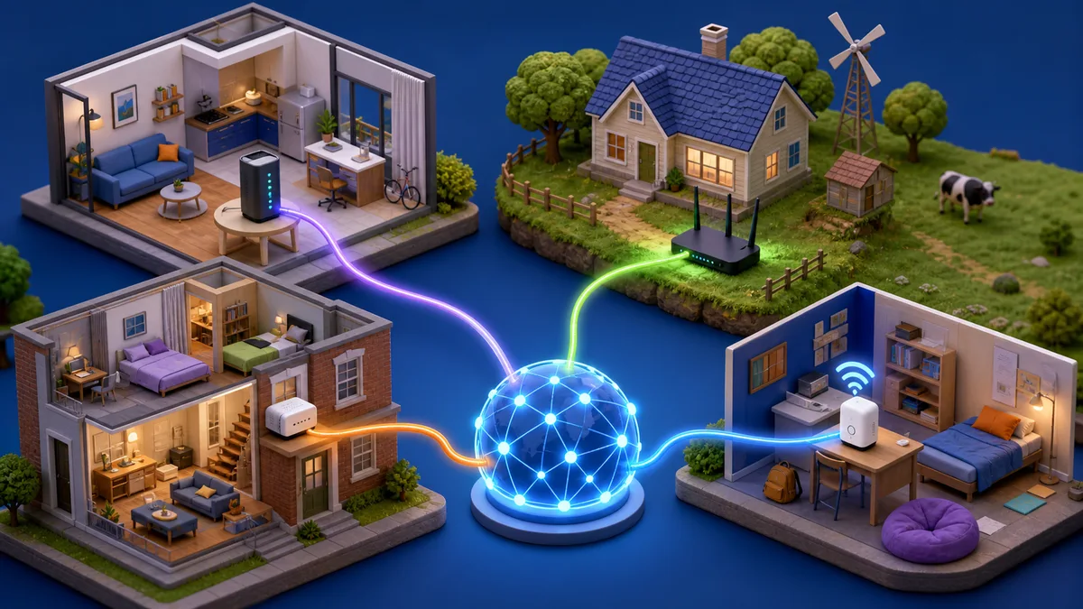 Four different homes connect through unbranded routers and a student hotspot to one shared network.