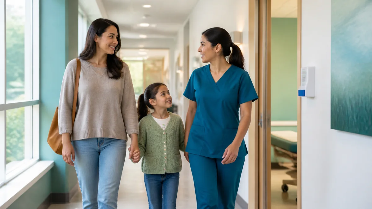 A parent and child walk with a nurse through a bright community health clinic.