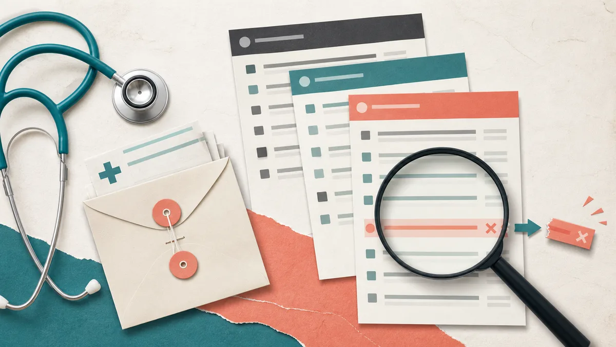 A magnifying glass checks a medical collection line on generic credit reports beside a stethoscope.