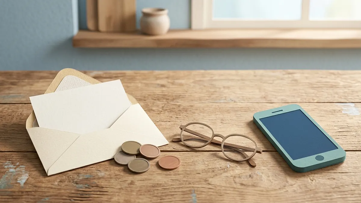 Paper-cut envelope with a blank paper slip, a few coins, reading glasses, and a phone on a kitchen table.
