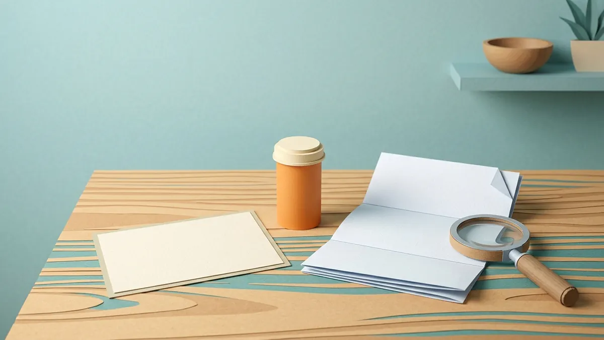 Paper-cut calendar, pill bottle, and folded plan letter under a magnifying glass on a wooden table.