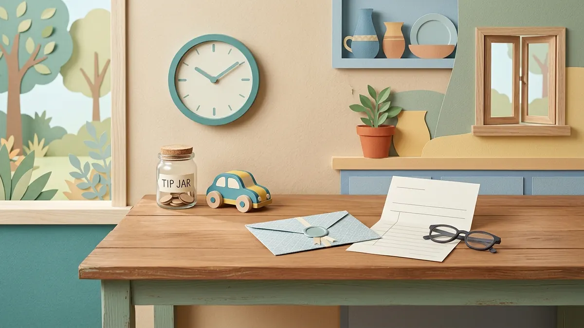 Paper-cut table scene with a tip jar, toy car, clock, gift envelope, blank tax form, and reading glasses.