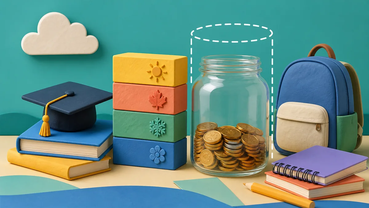 School books, semester blocks, a backpack, and a partly filled aid jar sit together.