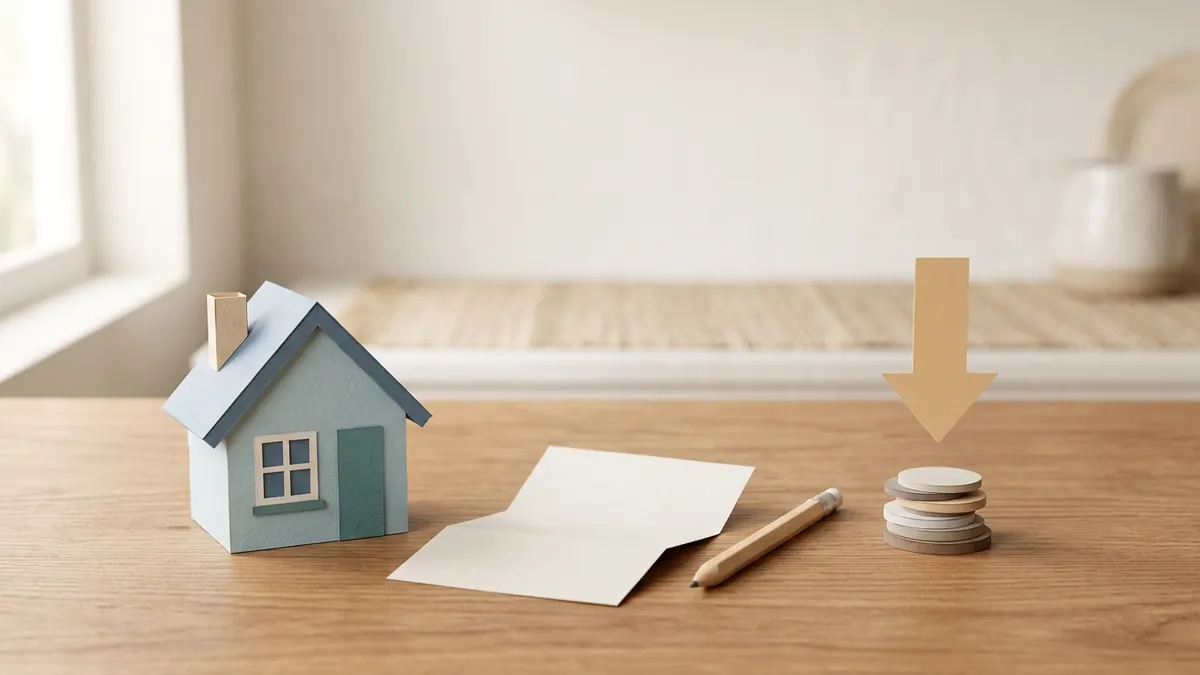 Paper-cut house beside a folded tax bill, a pencil, and a small stack of coins on a table.