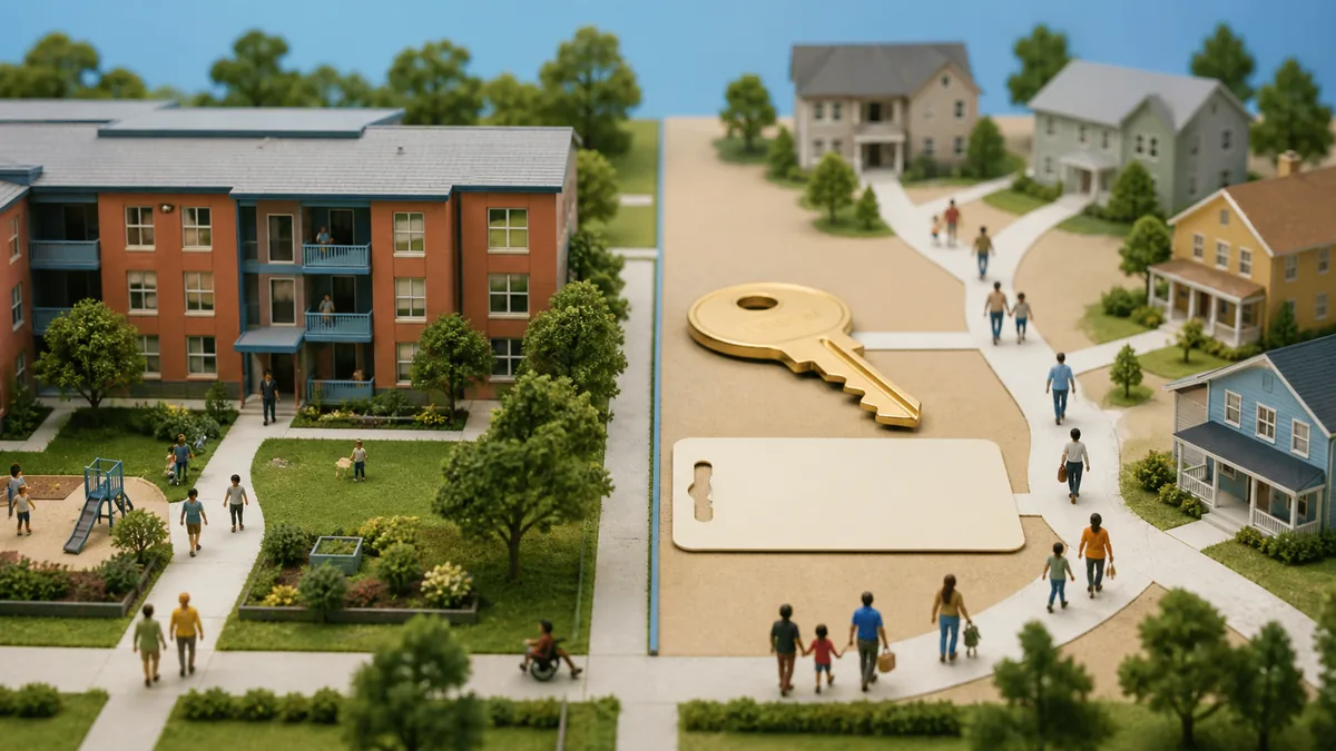 A model shows one public housing community beside a key that leads to several rental homes.